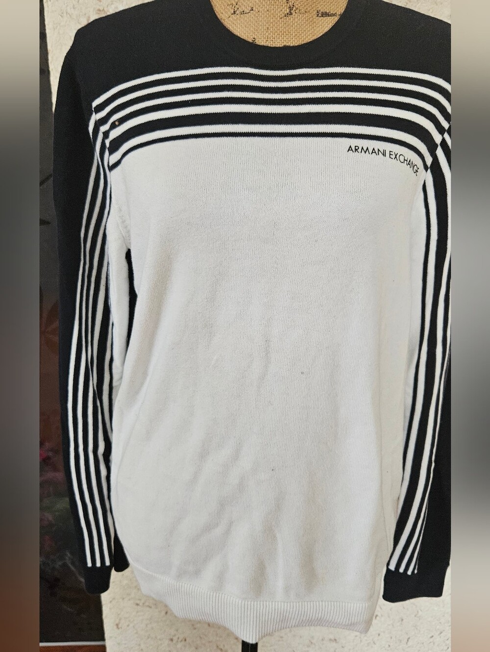 Armani Exchange Mans Black & White Striped Crewneck Sweater